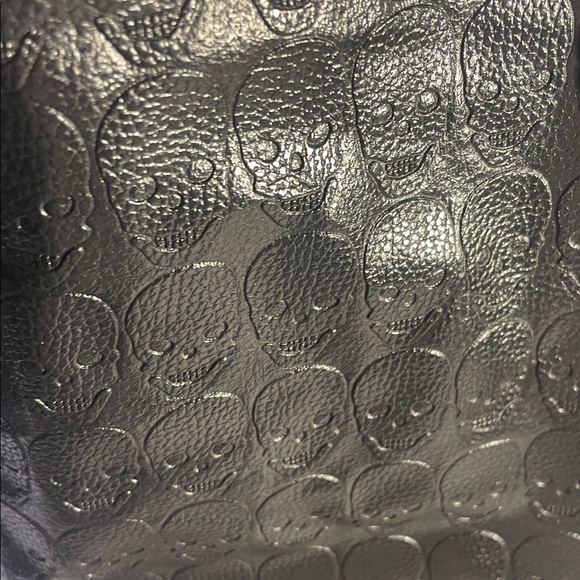 SKULLS- Faux Leather Embossed Skull Black Textured Bucket Bag with Chain Handles - Picture 7 of 16